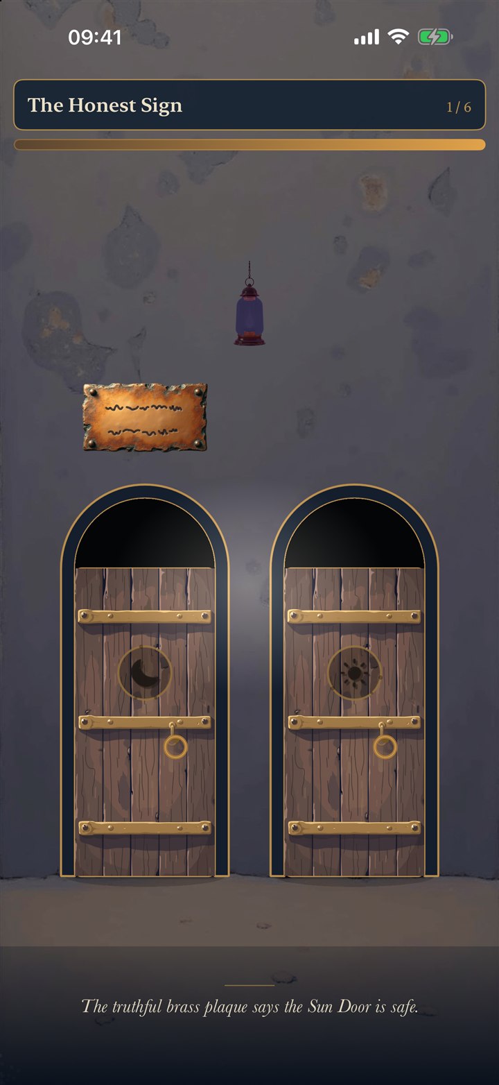 A False Door riddle room with two wooden doors and a truthful brass sign