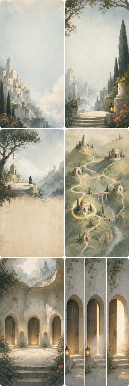 Art direction board B, Painted Diorama: misty limestone, cypresses and pale doors on watercolour paper