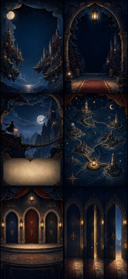 Art direction board C, Midnight Lantern Theatre: a moonlit stage, floating castles, crimson curtains and navy doors