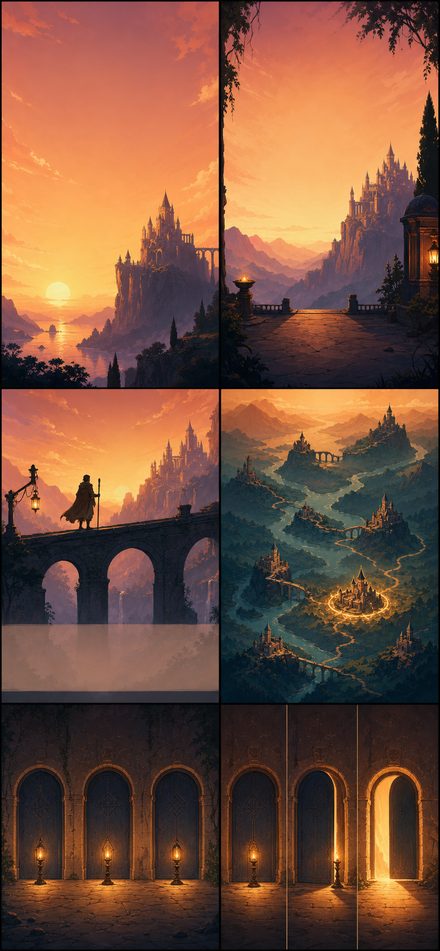Art direction board A, Sunset Pilgrimage: amber skies, an indigo castle on a cliff and lamplit stone arches