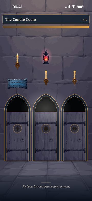 The Candle Count room: three doors under three candles, with the Caretaker's lamp burning crimson