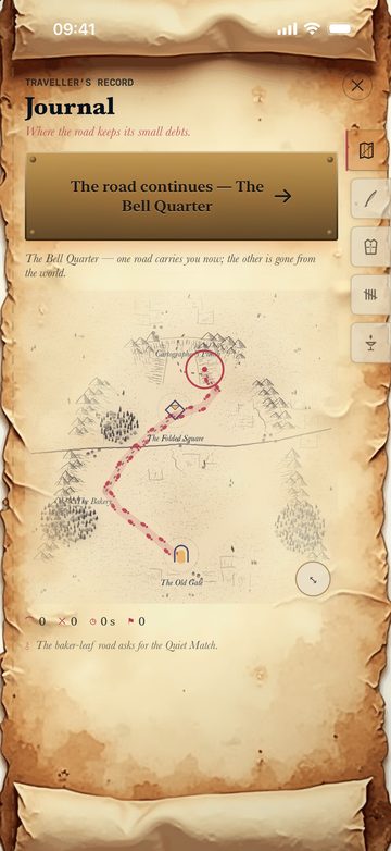 The traveller's journal, with an inked map of the kingdom being redrawn as you go