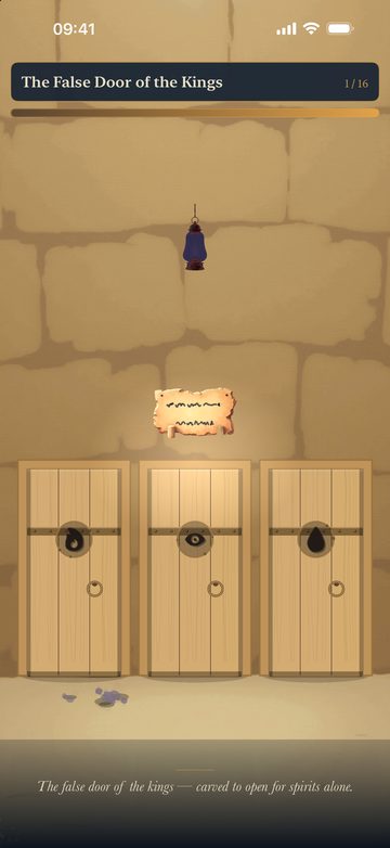 The False Door of the Kings: three pale wooden doors in a sandstone room