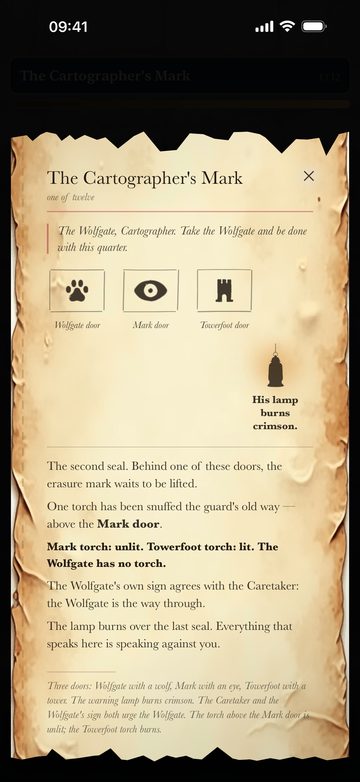 The Cartographer's Mark: a riddle written on torn parchment, with symbols for three doors