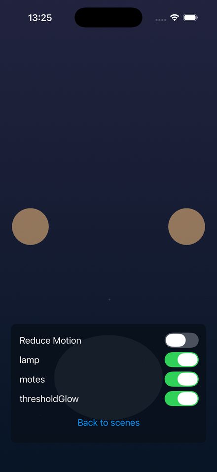 The first captured title screen of the iPhone version: two tan circles on a navy gradient above a panel of debug switches