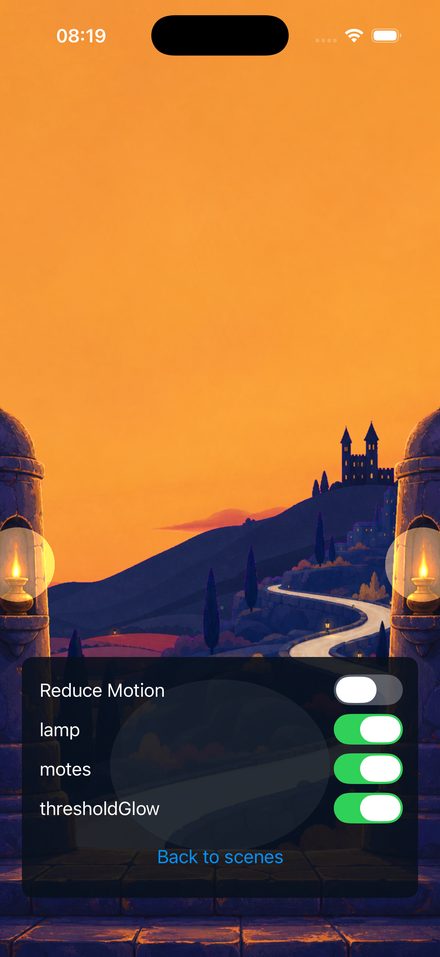 The title screen the next morning: a painted sunset, a castle on a hill and a winding road, still above the debug switches