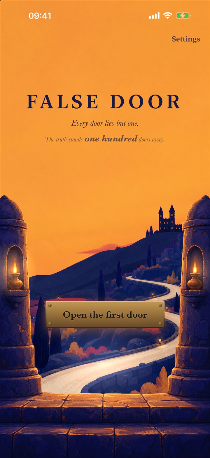 False Door's title screen, looking through torchlit gates toward a distant castle
