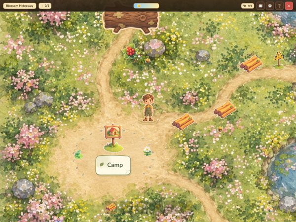 Collecting logs next to a stream in Blossom Hideaway