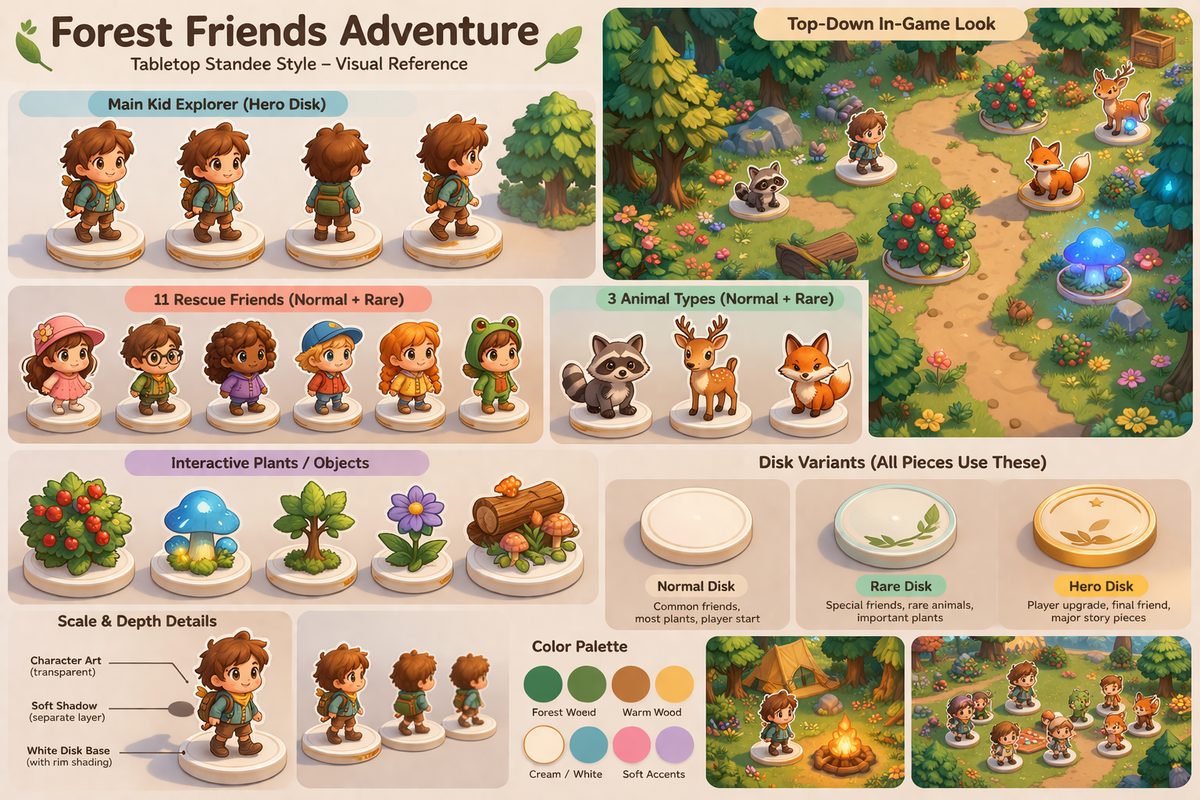 An early concept board for Forest Friends Adventure in a tabletop standee style: heroes, rescue friends and animals standing on round bases, plus a top-down forest mock-up and a colour palette