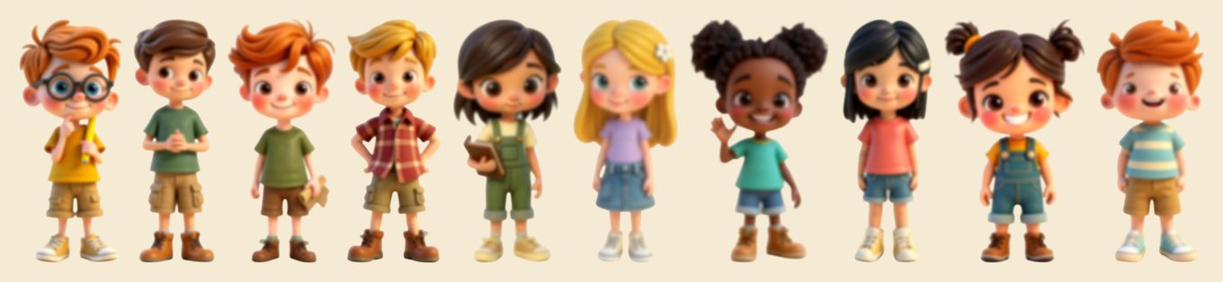 Ten of the friends you rescue in the game, as storybook figurines in a row