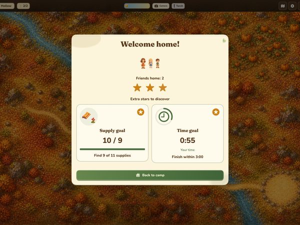 The Welcome home screen after a level, with three stars and the supply and time goals