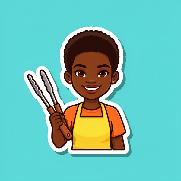 Naledi from FLUX 2 Dev: a small cartoon sticker holding tongs, in a yellow apron