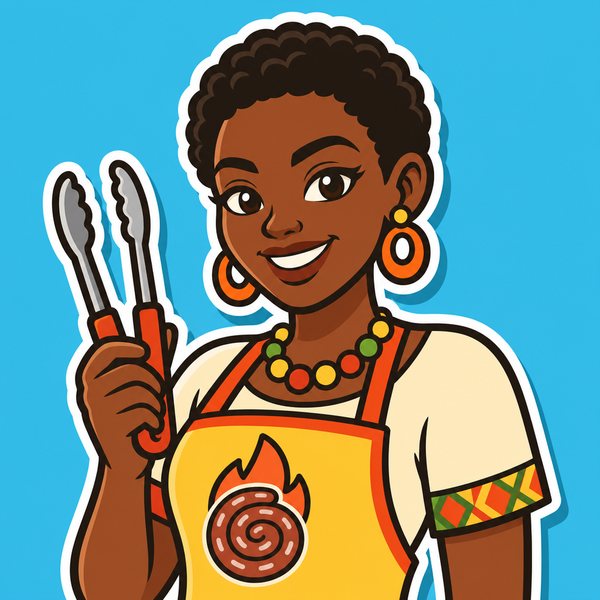 Naledi from GPT Image 2: a bold sticker portrait with tongs, orange earrings, a beaded necklace and a wors-coil badge on her apron