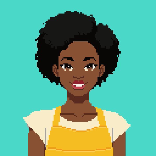 Naledi from PixelLab: a pixel-art portrait in a yellow apron on a teal background