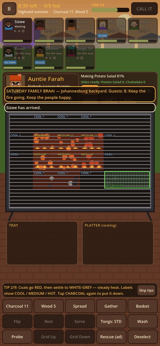 The first braai screen: a striped grill with COOL and MEDIUM labels, eight guest cards, a tip bar and fifteen brown buttons from Charcoal to Deselect