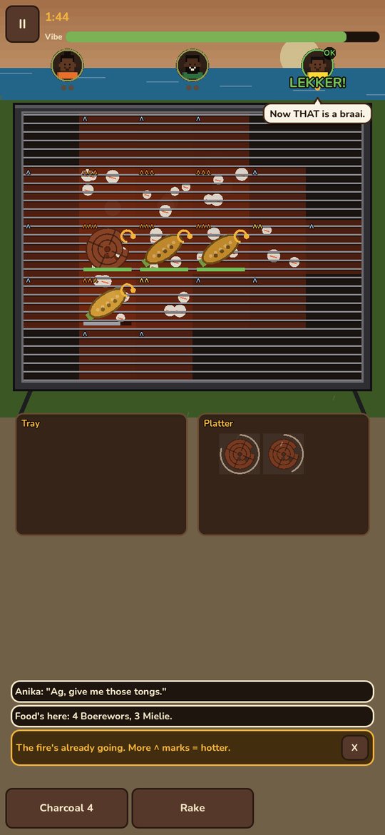 The braai a day later on the Durban beachfront: pixel-art guest faces, wors and mielies on the grill, a LEKKER! verdict and just two buttons, Charcoal and Rake