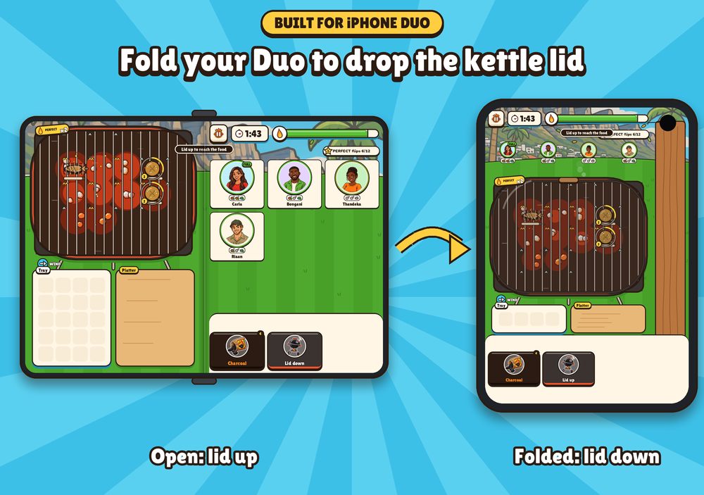 The iPhone Duo App Store screenshot, Fold your Duo to drop the kettle lid: open, a kettle braai fills both screens with the lid up; folded, the lid is down