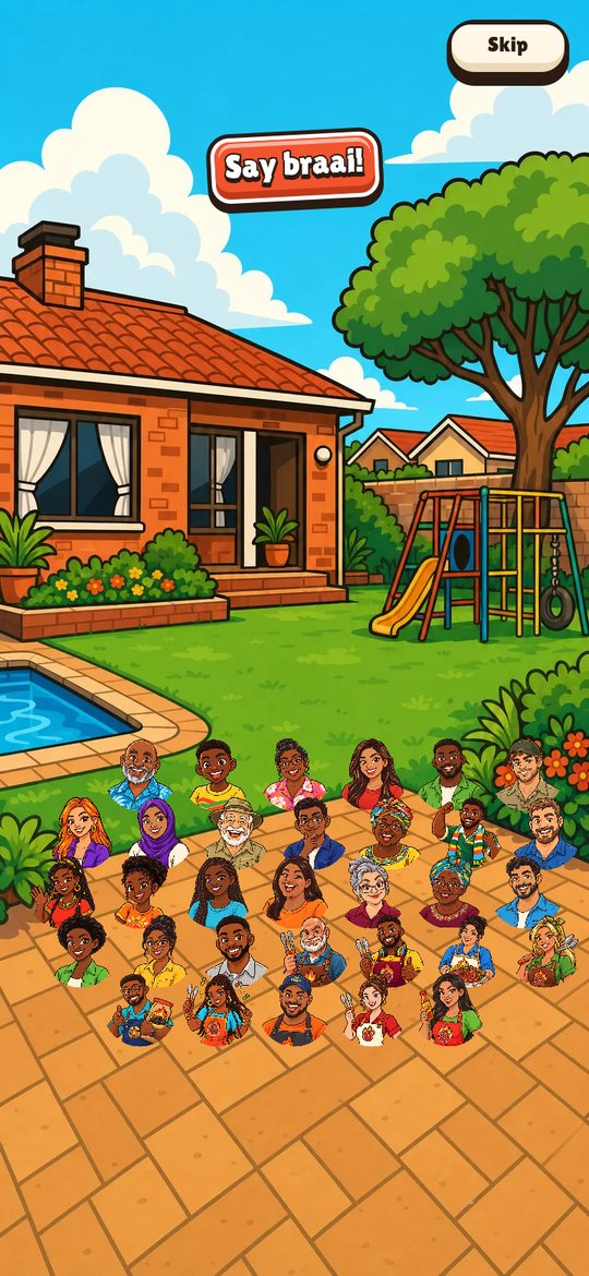 The Year in Review group photo: the whole year's guests and Braai Masters crowded onto a backyard patio by a pool, under a Say braai! sign
