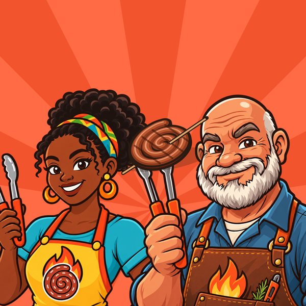 The first app icon draft: Naledi and Oom Pieter pieced together from in-game portraits, with a small grilled wors on a skewer between them