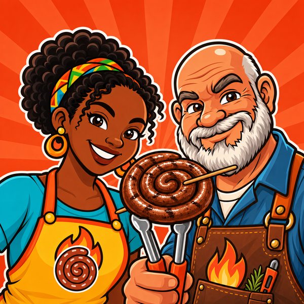 The final app icon: Naledi and Oom Pieter smiling, a big glossy grilled wors coil held up in the tongs between them