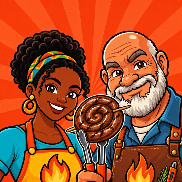 The first generated icon: Naledi and Oom Pieter close together on a tomato-red sunburst, the wors held low in the tongs
