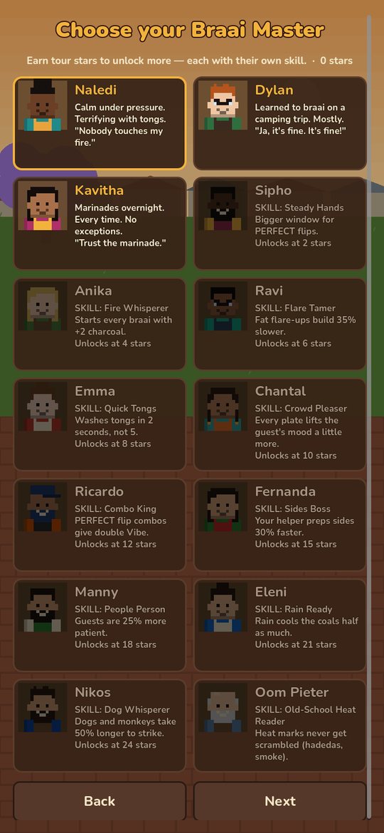 Choose your Braai Master on the second day: fourteen pixel-art cards in two columns, with Naledi, Dylan and Kavitha unlocked