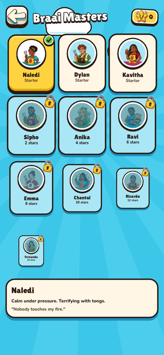 The Braai Masters screen in version 1.0: round sticker portraits on sky-blue cards, with Naledi selected and her bio at the bottom