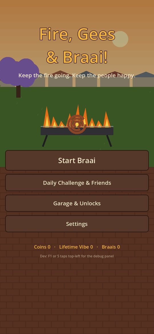 The first title screen: Fire, Gees & Braai! over a flat sunset backyard, a wors coil on a stand braai, four brown buttons and a line of debug text