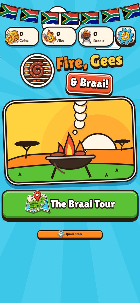 The version 1.0 title screen: South African flag bunting, the wors-coil logo, a kettle braai under acacia trees at sunset and a big green The Braai Tour button