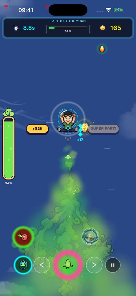 Fart Me To The Moon: a shielded character climbing through the sky on a swirling green gas cloud