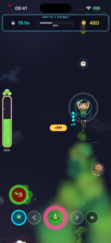 A run heading for the asteroid belt, with the gas gauge on the left and the fart controls at the bottom