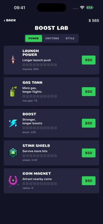 The Boost Lab: upgrades for launch power, gas tank, boost, the Stink Shield and a coin magnet