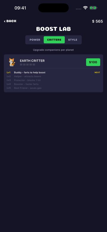 The Critters tab in the Boost Lab, with an Earth Critter companion to unlock