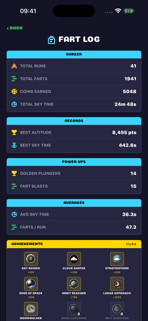 The Fart Log: career stats including total runs, total farts, coins earned and time in the sky, plus achievements