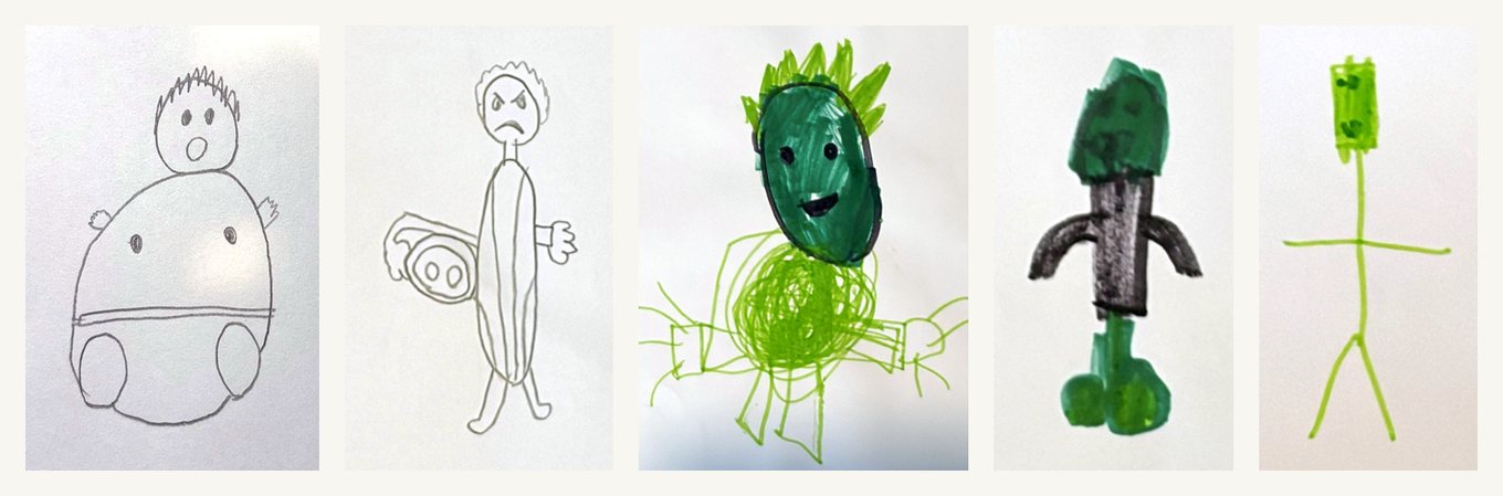 Five character sketches drawn by the kids: two in pencil and three in green and black marker