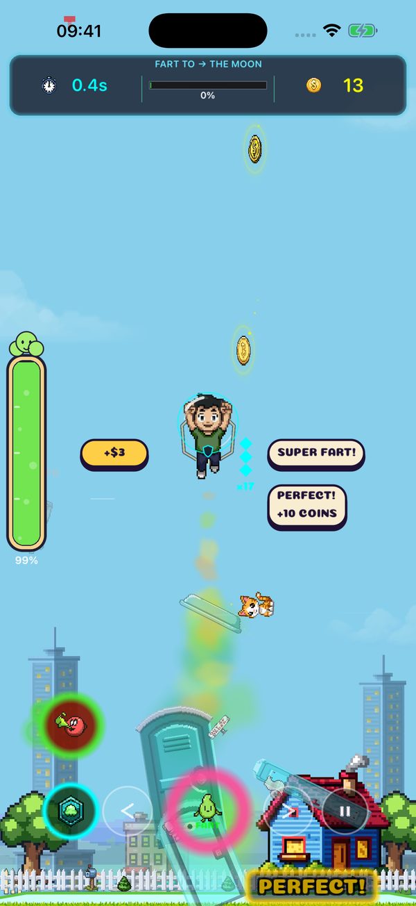 Fart Me To The Moon version 1.6.3: a pixel-art kid blasting off from a backyard outhouse on a green gas cloud, with a PERFECT! bonus