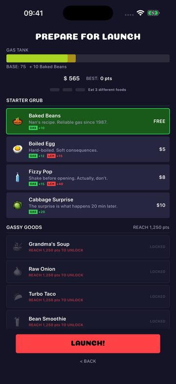 The Prepare for Launch screen: choosing a starter food such as Baked Beans or Boiled Egg to fill the gas tank