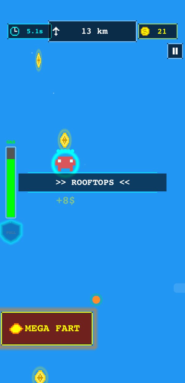 An early prototype of Fart Me To The Moon: a red block rising over the Rooftops zone, with a gas gauge and a big MEGA FART button