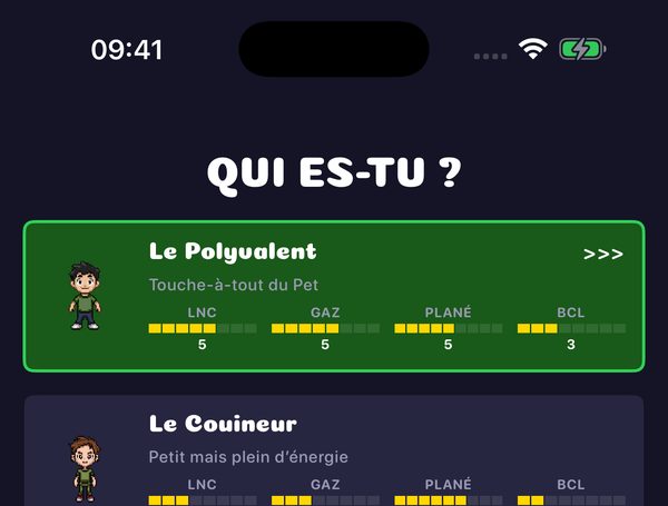 The character picker in French: Qui es-tu ?, with Le Polyvalent and Le Couineur